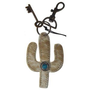 Myra Bag Light Brown White Leather Key Chain Turquoise Stone Cactus Handcrafted